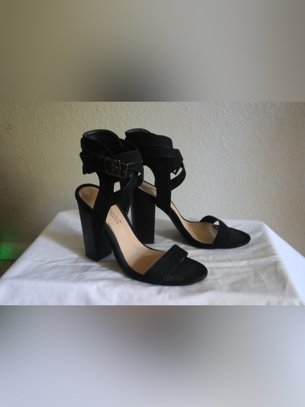 Black Suede Crisscross Ankle-Strap Block Heels